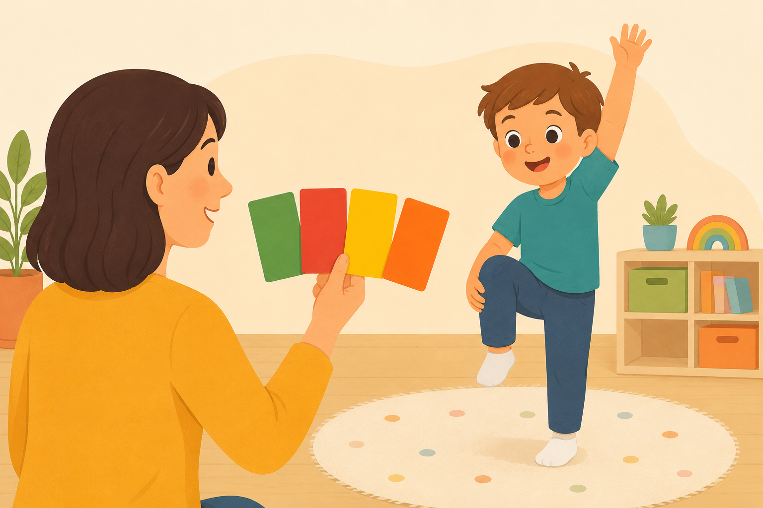 Lerncoaching: Trainerin mit Farbkarten, Kind in Bewegung